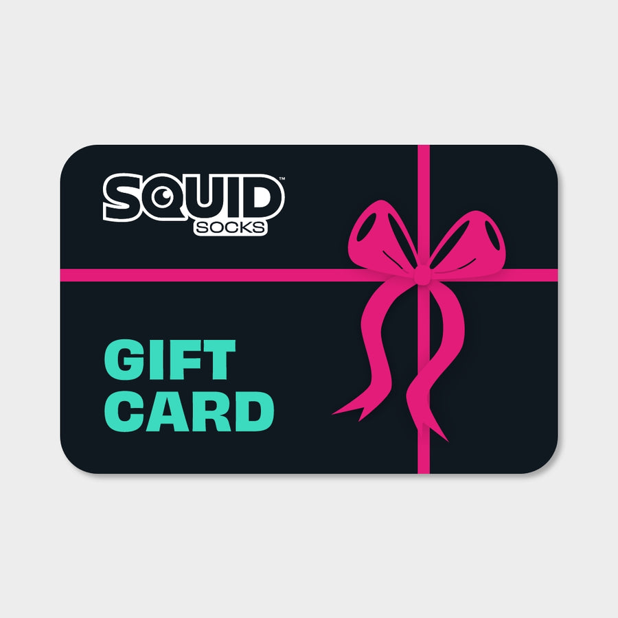 Squid Socks gift card with a pink ribbon on a black background.