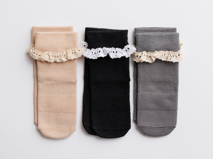 Candace kids socks: three lace-trim socks in beige, black and gray. Squid Socks, the brand seen on Shark Tank.