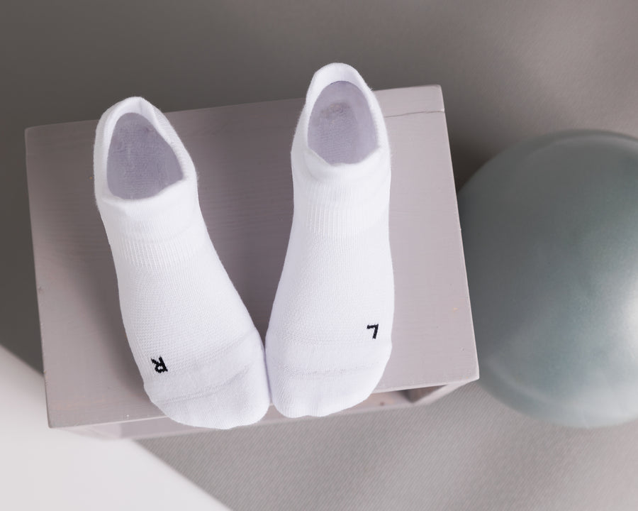 White ankle grip socks viewed from above, showing left and right markings. By Squid Socks.