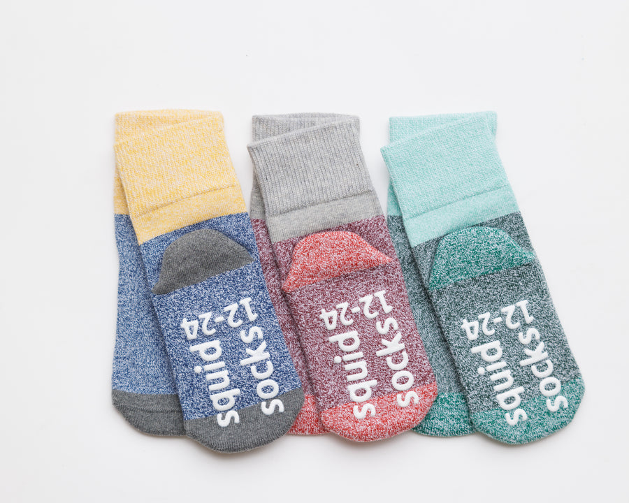 Chris cotton crew socks: color-block cotton crew socks with branded sole grips. Squid Socks, the brand seen on Shark Tank.