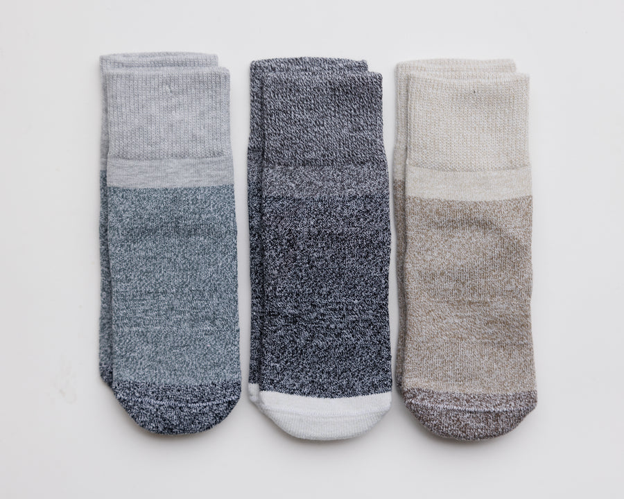 Caelan cotton crew socks: three neutral color-block crew socks laid flat. Squid Socks, the brand seen on Shark Tank.
