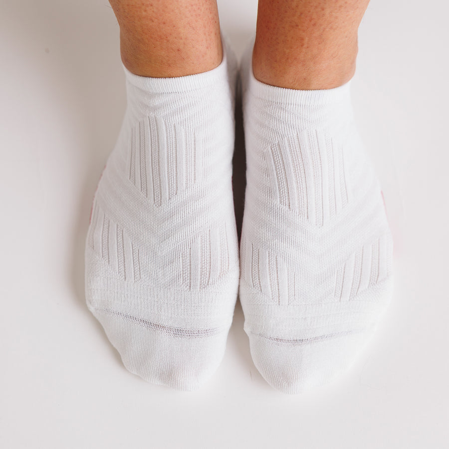 White no-show grip socks worn on both feet, viewed from above. By Squid Socks.