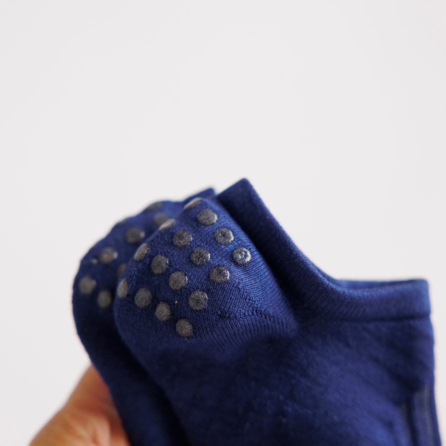 Hand holding a navy no-show sock heel to show rows of grip dots. By Squid Socks.