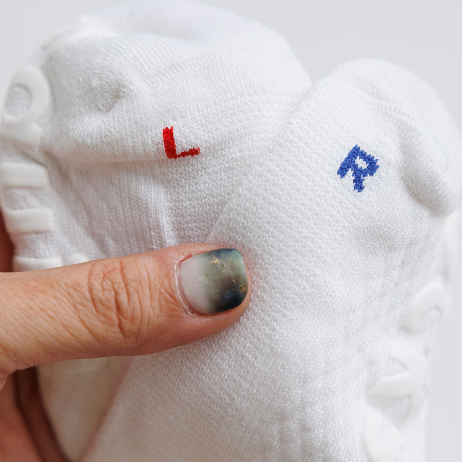 Close-up of white ankle grip socks showing red L and blue R markings. By Squid Socks.