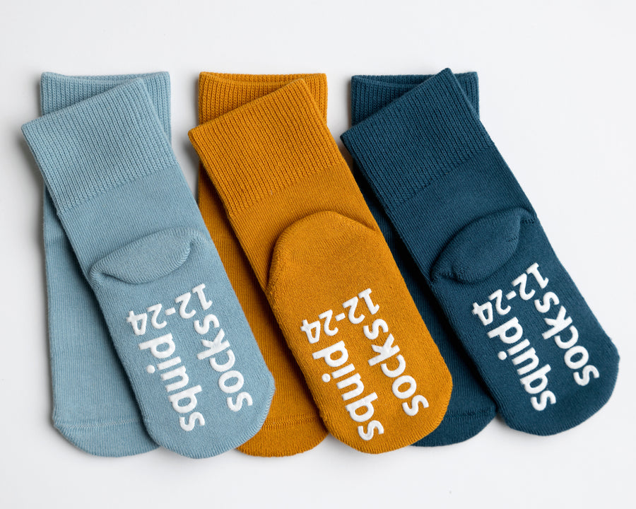 Camden cotton crew socks: blue, mustard and teal crew socks with branded soles. Squid Socks, the brand seen on Shark Tank.