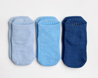 Chaney ankle socks: three ankle socks in sky blue, steel blue and navy. Squid Socks, the brand seen on Shark Tank.