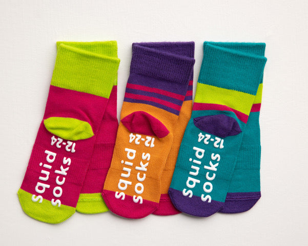 CeCe kids socks: bright color-block socks with branded sole grips. Squid Socks, the brand seen on Shark Tank.