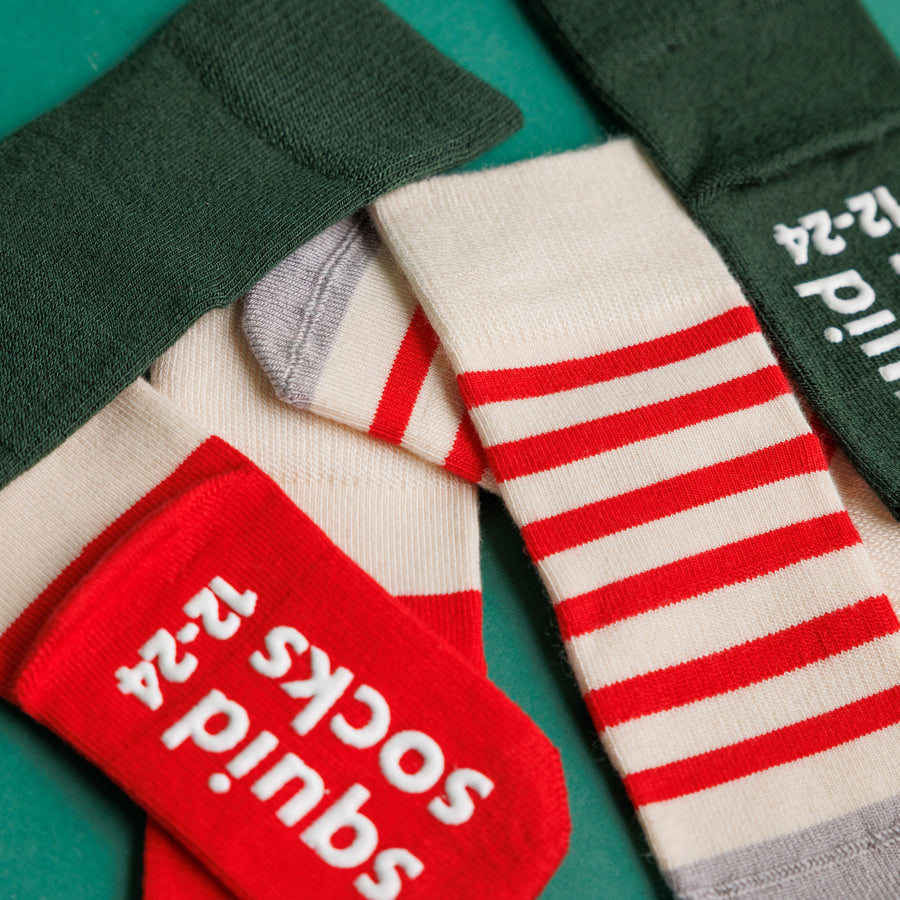 Caroler Christmas grip socks laid flat with branded silicone sole grips visible.