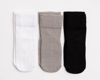 Charlie kids socks: three socks in white, gray and black. Squid Socks, the brand seen on Shark Tank.
