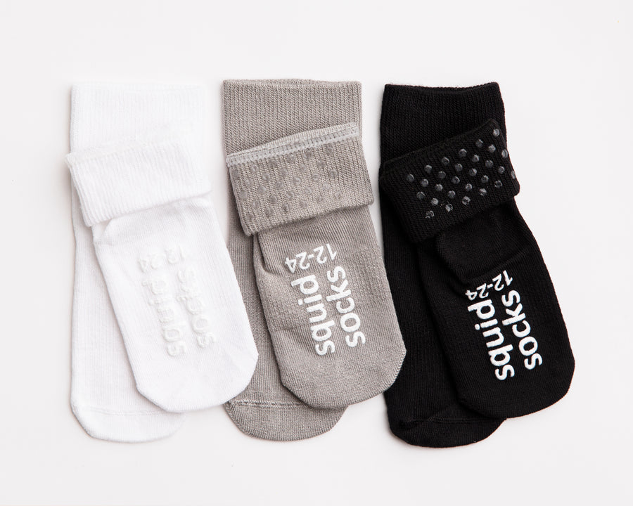 Charlie kids socks: white, gray and black socks with folded cuffs and sole grips. Squid Socks, the brand seen on Shark Tank.