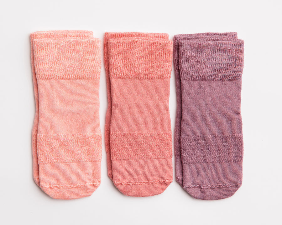 Cami kids socks: three socks in light pink, dusty pink and lavender. Squid Socks, the brand seen on Shark Tank.