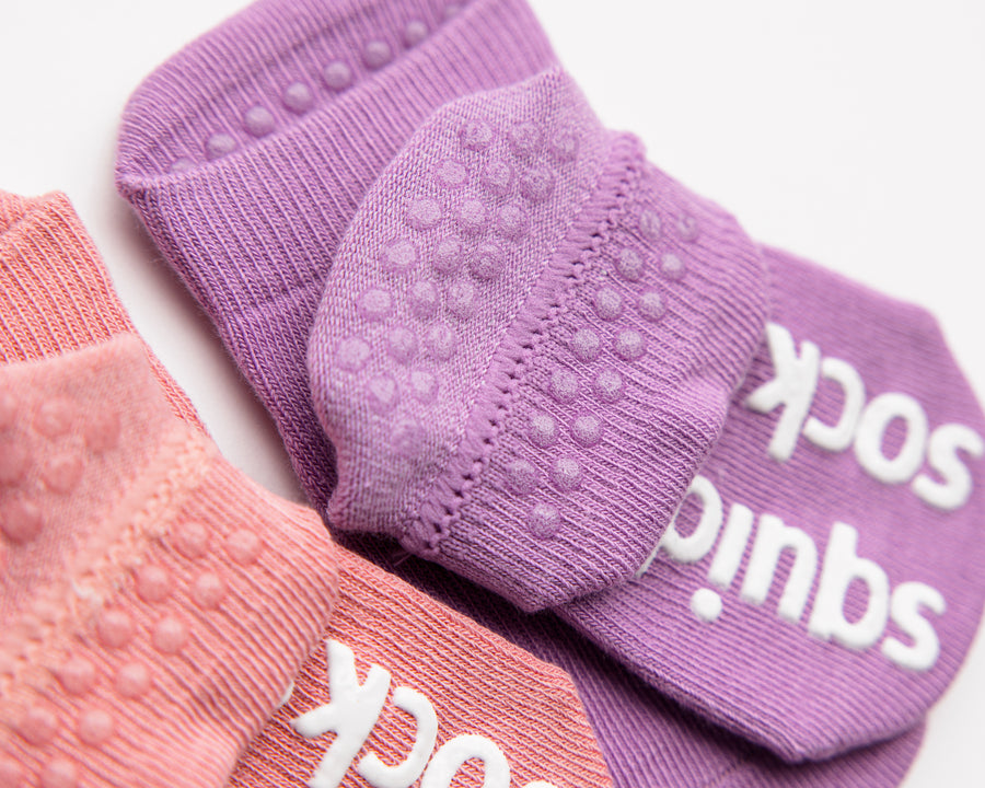 Ciara ankle socks: close-up of lavender cuff dots and sole grips. Squid Socks, the brand seen on Shark Tank.