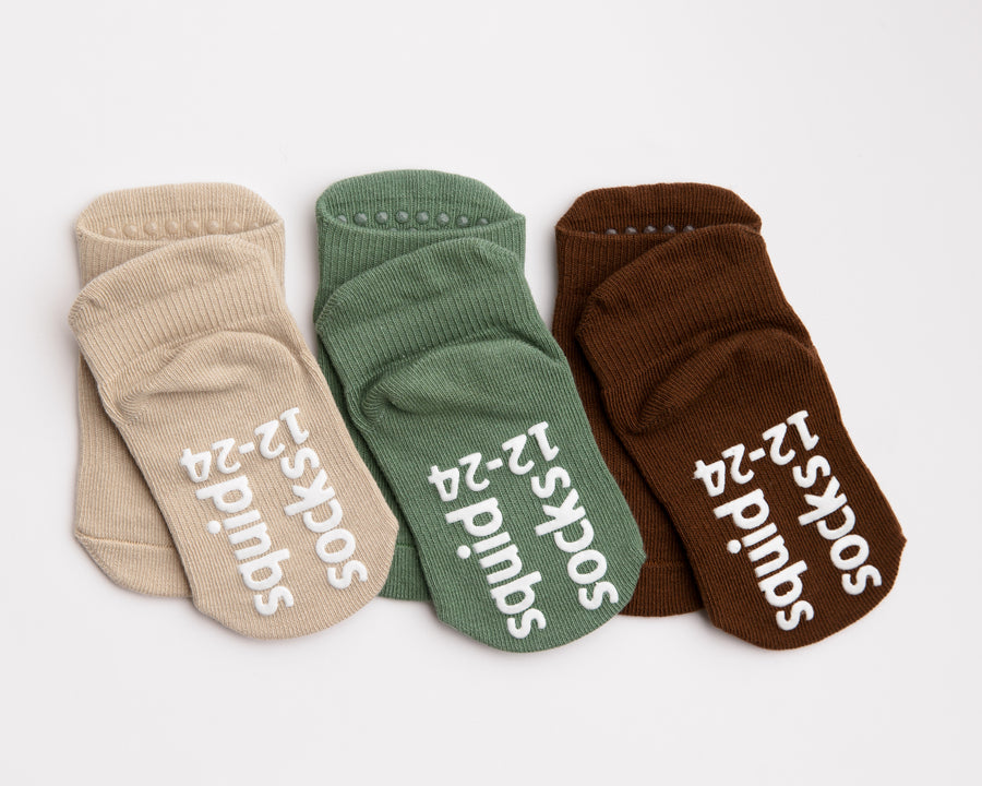 Chai ankle socks: three neutral ankle socks showing branded sole grips. Squid Socks, the brand seen on Shark Tank.