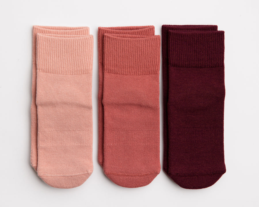 Courtney cotton crew socks: three cotton crew socks in pale pink, dusty rose and burgundy. Squid Socks, the brand seen on Shark Tank.