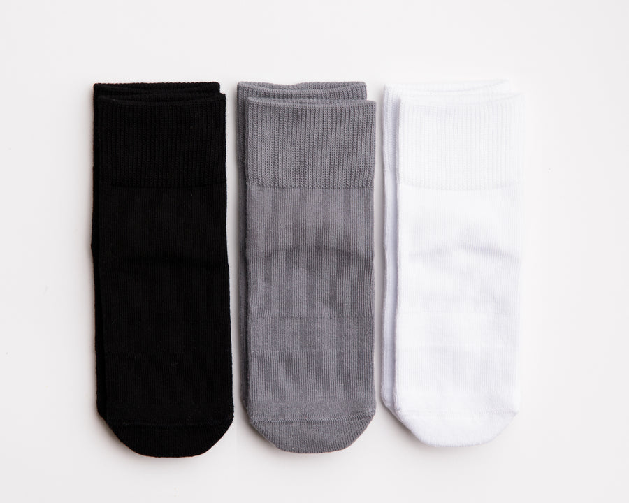 Casey cotton crew socks: three cotton crew socks in black, gray and white. Squid Socks, the brand seen on Shark Tank.