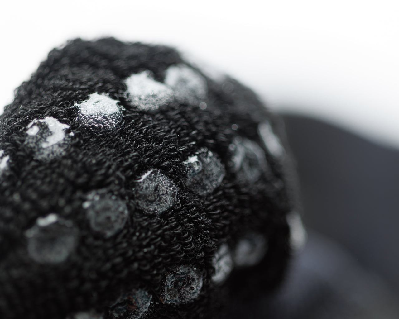 Close-up of a black sock heel showing the grip dots and knit texture. By Squid Socks.