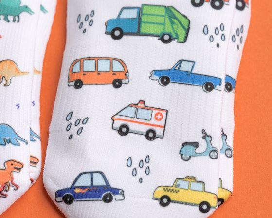 Cohen kids socks: close-up of cars, buses and other vehicles. Squid Socks, the brand seen on Shark Tank.