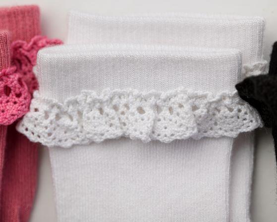 Charlotte kids socks: close-up of white lace trim. Squid Socks, the brand seen on Shark Tank.