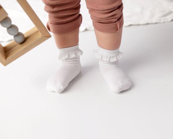 Charlotte kids socks: child standing in white lace-trim socks. Squid Socks, the brand seen on Shark Tank.