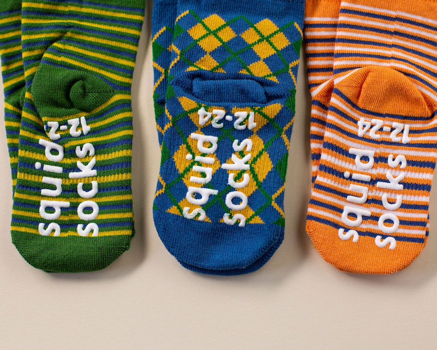 Colin kids socks: striped and argyle socks with branded sole grips. Squid Socks, the brand seen on Shark Tank.