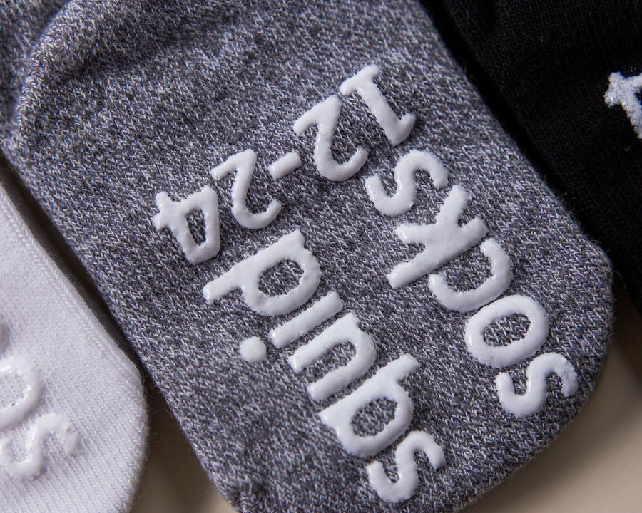 Crew ankle socks: close-up of branded grips on a gray sock sole. Squid Socks, the brand seen on Shark Tank.