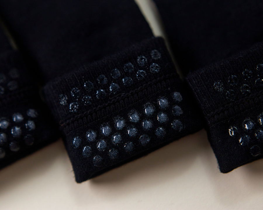Coal kids socks: close-up of silicone grip dots inside black cuffs. Squid Socks, the brand seen on Shark Tank.