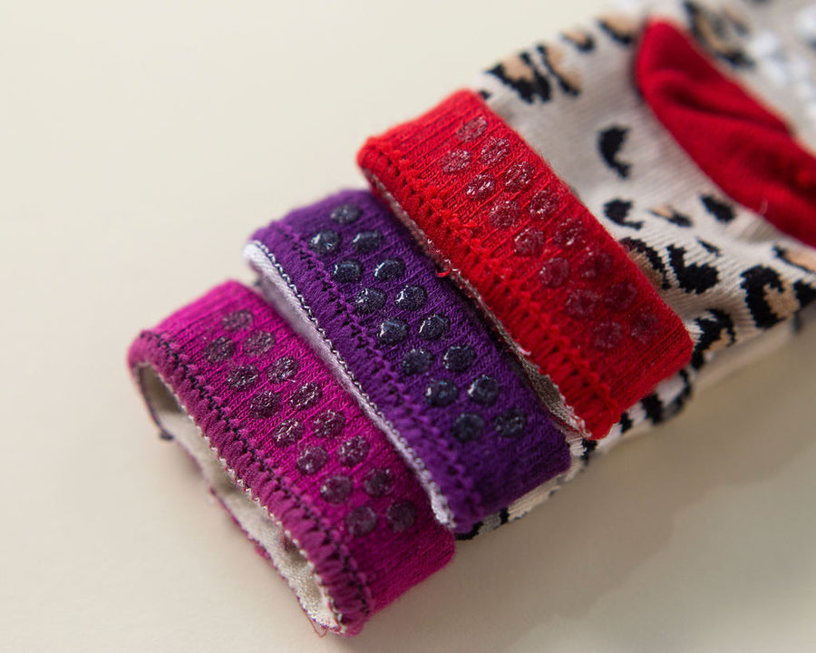 Chanel kids socks: close-up of silicone dots inside colorful animal-print cuffs. Squid Socks, the brand seen on Shark Tank.