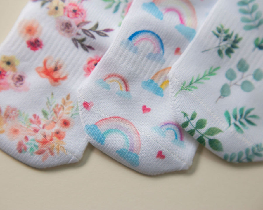 Chloe kids socks: close-up of patterned toes in the three-pack. Squid Socks, the brand seen on Shark Tank.