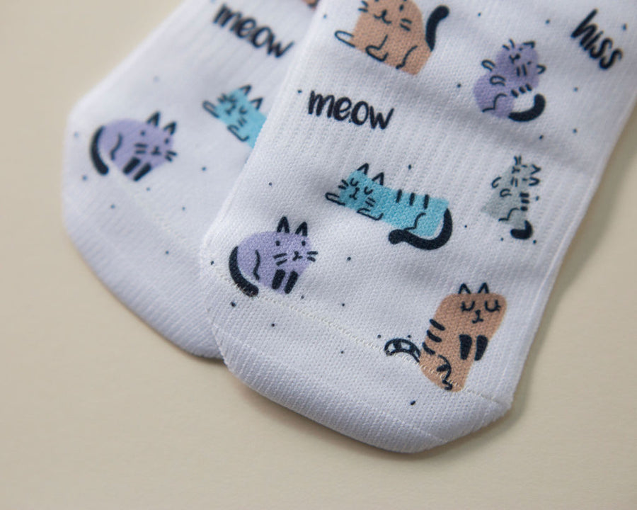 Meow kids socks: close-up of cats printed around the toe. Squid Socks, the brand seen on Shark Tank.