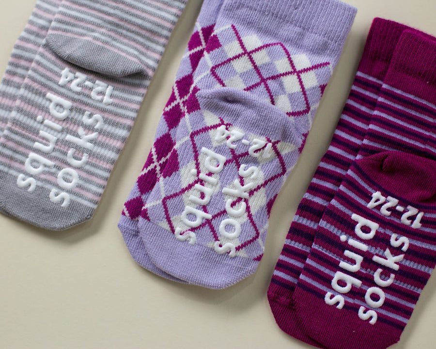 Christina kids socks: striped and argyle socks with branded soles. Squid Socks, the brand seen on Shark Tank.