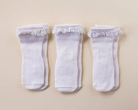Comfort kids socks: three white lace-trim socks laid flat. Squid Socks, the brand seen on Shark Tank.