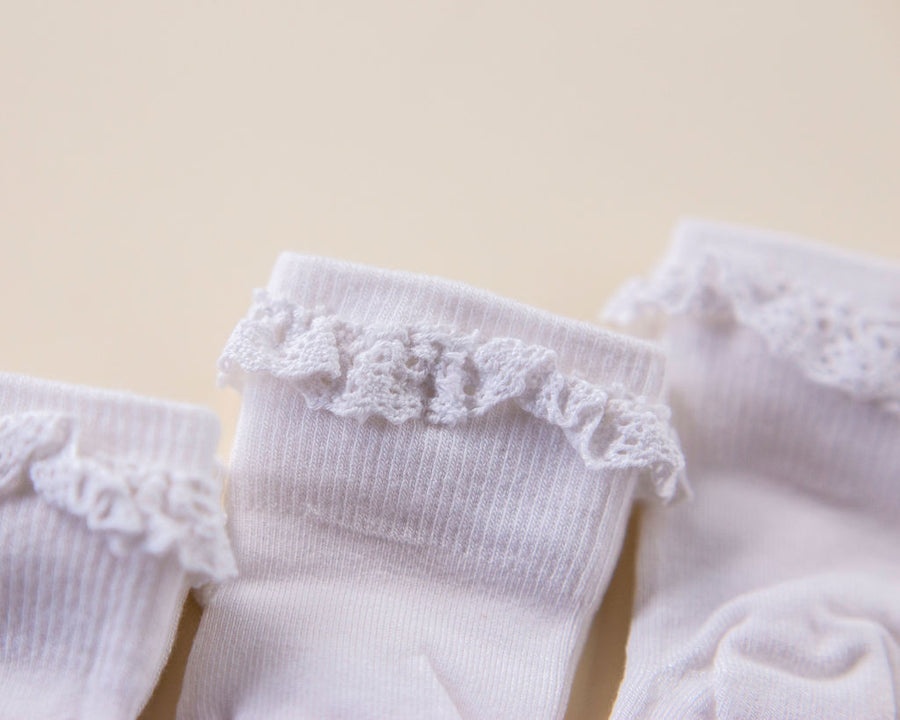 Comfort kids socks: close-up of white lace around the cuffs. Squid Socks, the brand seen on Shark Tank.