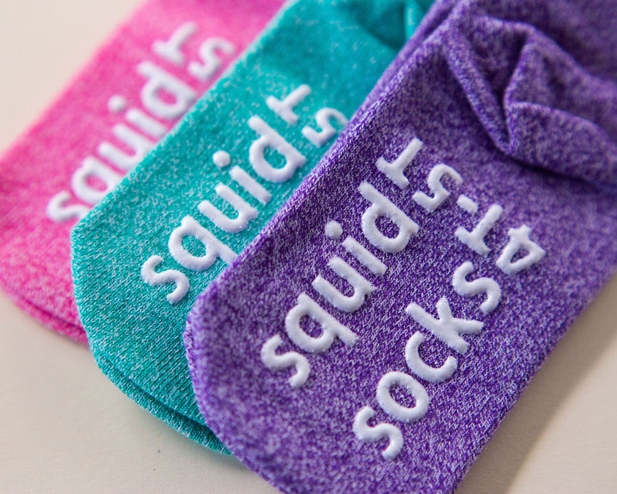 Clarissa ankle socks: close-up of purple and teal sole grips. Squid Socks, the brand seen on Shark Tank.