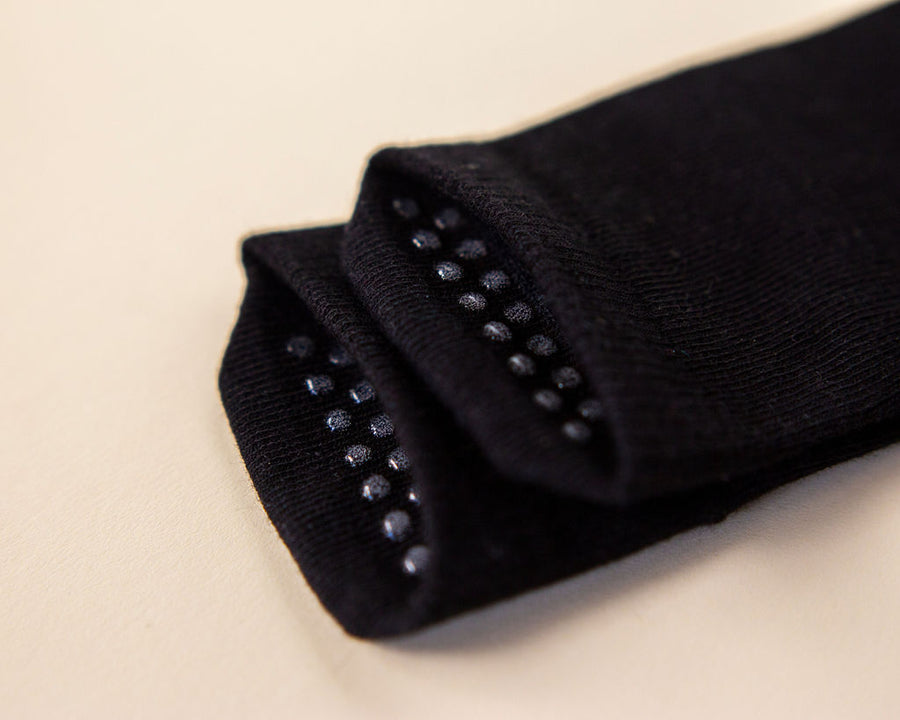 Crew ankle socks: close-up of silicone dots inside black cuffs. Squid Socks, the brand seen on Shark Tank.