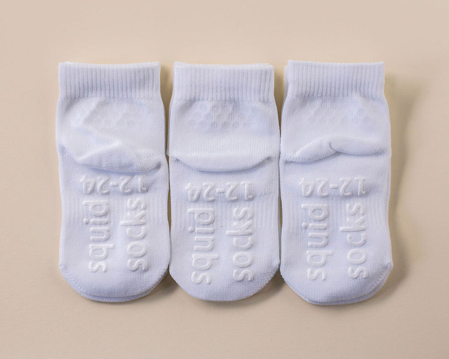 Cleary ankle socks: three white ankle socks with branded soles. Squid Socks, the brand seen on Shark Tank.