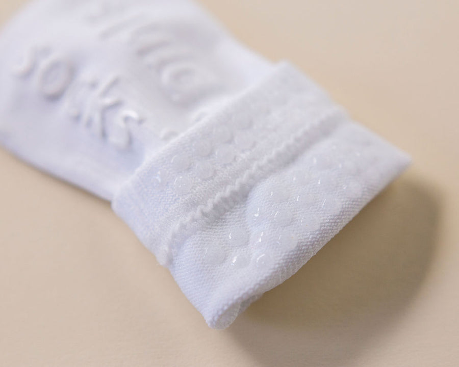 Cleary ankle socks: close-up of white cuff dots and sole grips. Squid Socks, the brand seen on Shark Tank.